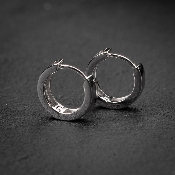 Small Solid White Gold Plated Sterling Silver Mens Greek Huggie Hoop Earrings - Picture 3 of 5